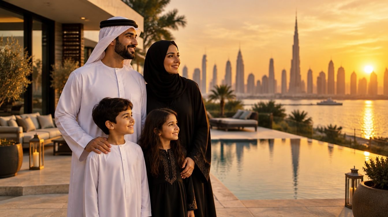 Emirati family at a modern villa with a city view